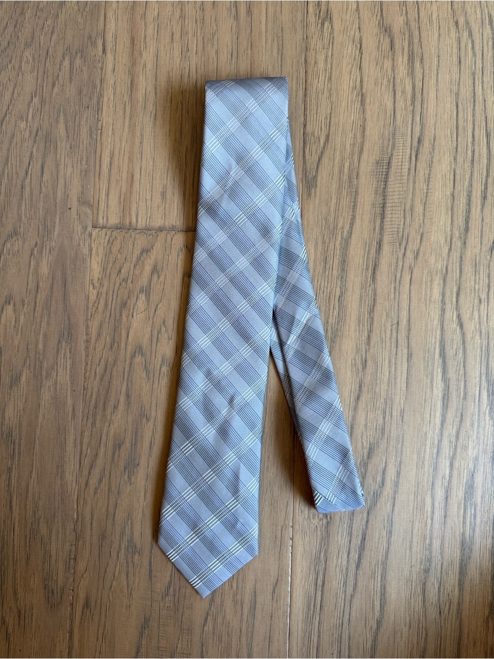 Calvin Klein Light Gray and Silver Plaid Silk Tie